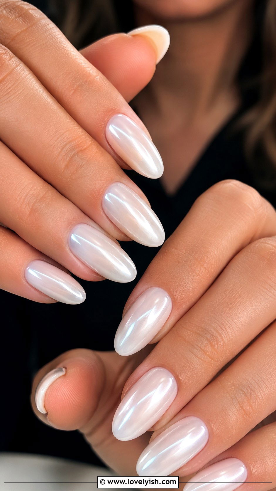 Classic Vanilla Glaze: milky white with pearl chrome on almond nails