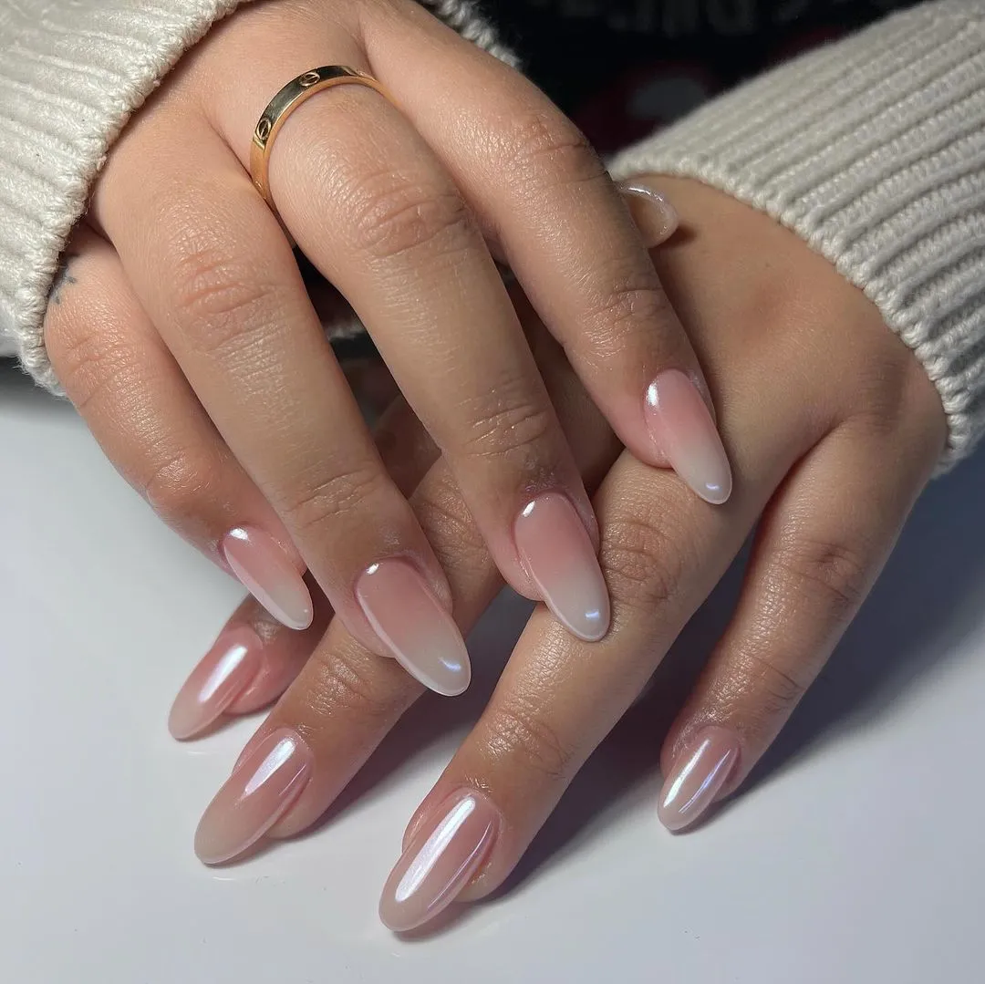 Toasted Almond Glaze: warm beige-nude with chrome depth