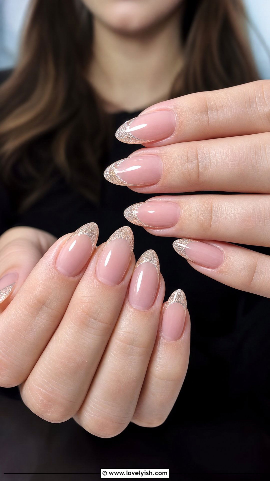 Glitter French Tips: sparkling tips on almond nails