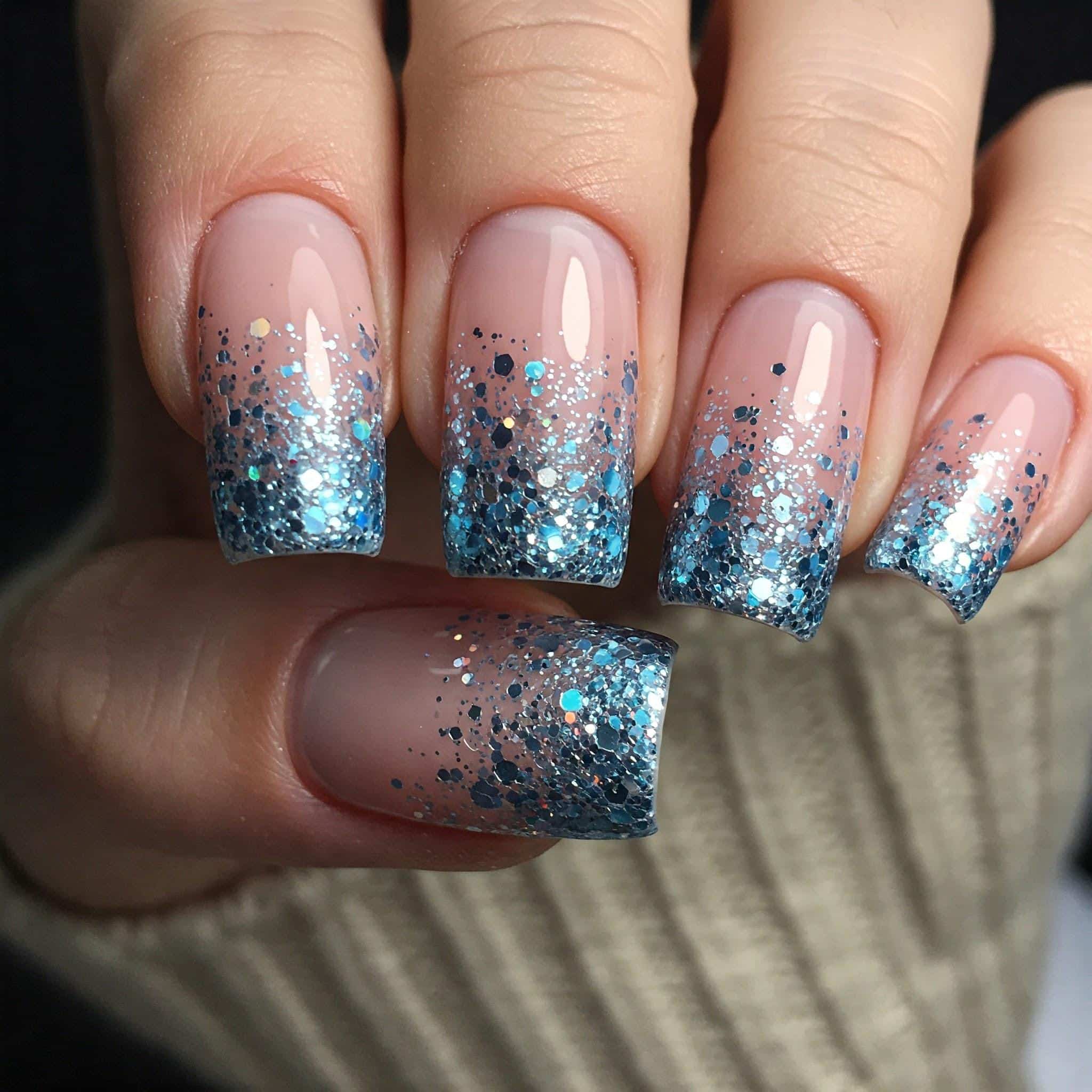 Icy Blue Glitter Gradient: blue-to-clear glitter fade on almond nails