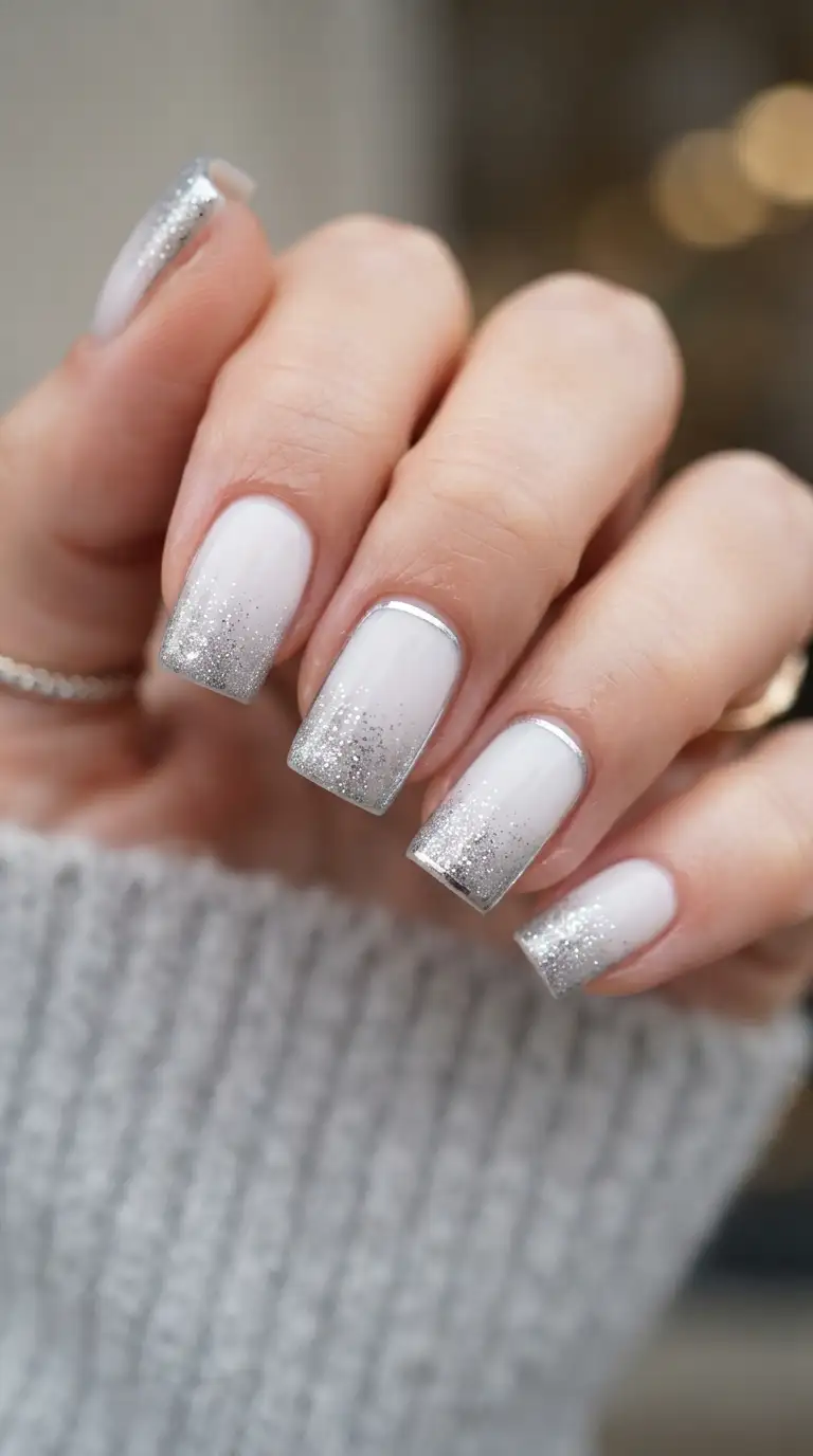Short square nails with a silver glitter gradient fading from the tips