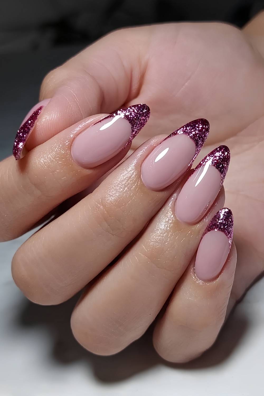 French manicure with rose gold glitter tip lines
