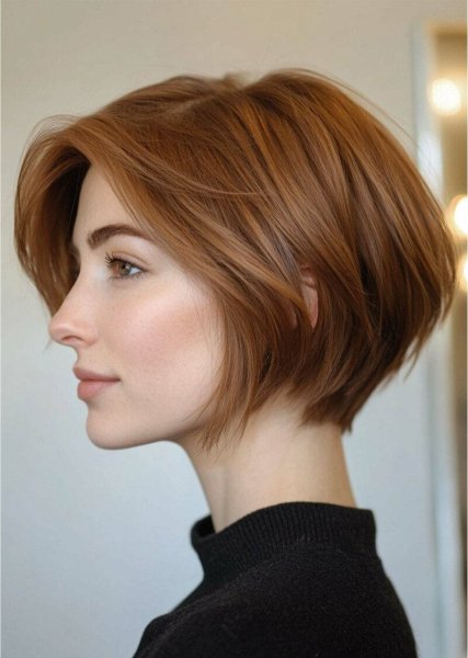 Chin-length bob with copper balayage and warm dimension