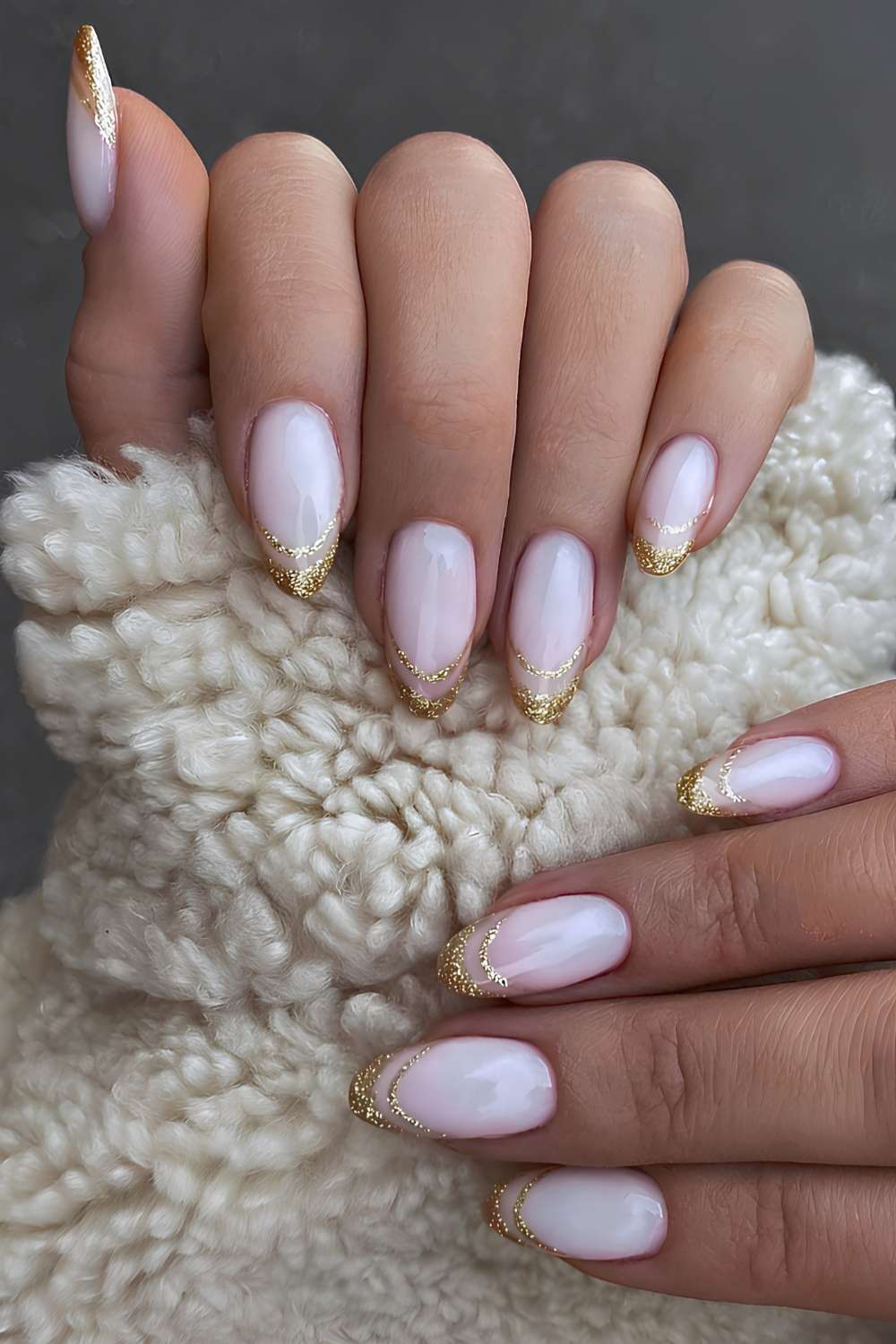 Milky white nails with gold glitter double French tips