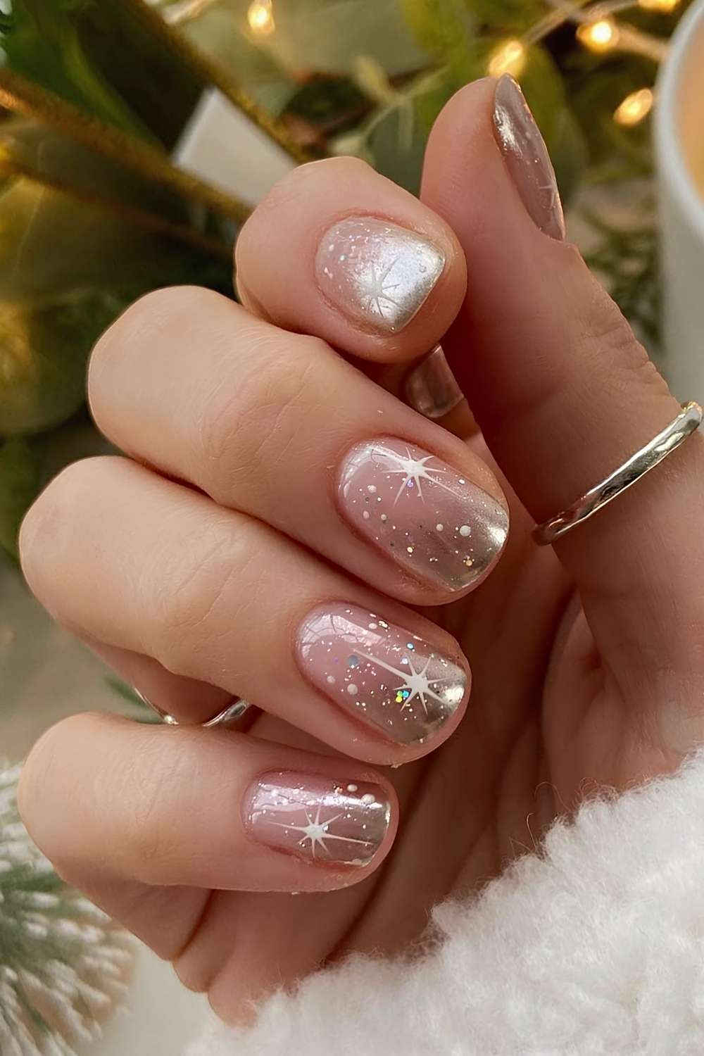 Short oval nails in sheer nude pink with silver chrome starburst art and fine glitter