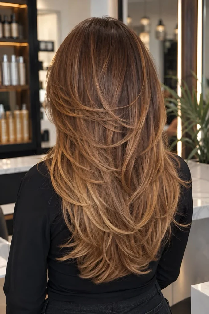 Golden brown long layered hair seen from behind