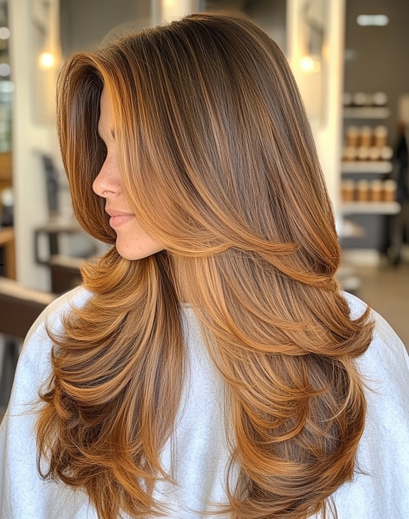 Golden caramel long layered hair with bouncy blowout waves