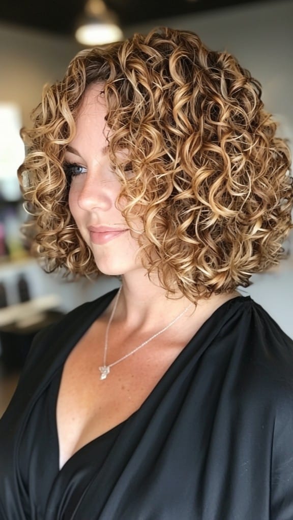 Golden brown curly bob with natural volume