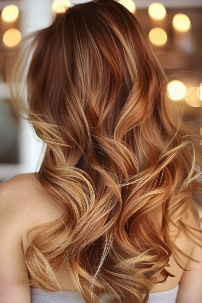 Toffee-to-golden-blonde ombre on long wavy hair, back view