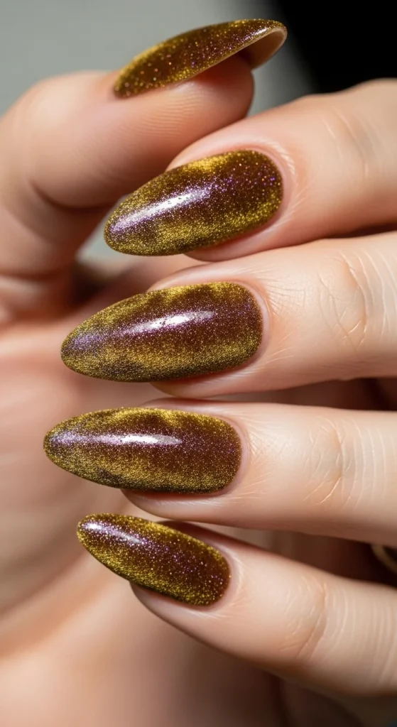 Long almond nails in gold cat-eye velvet shimmer