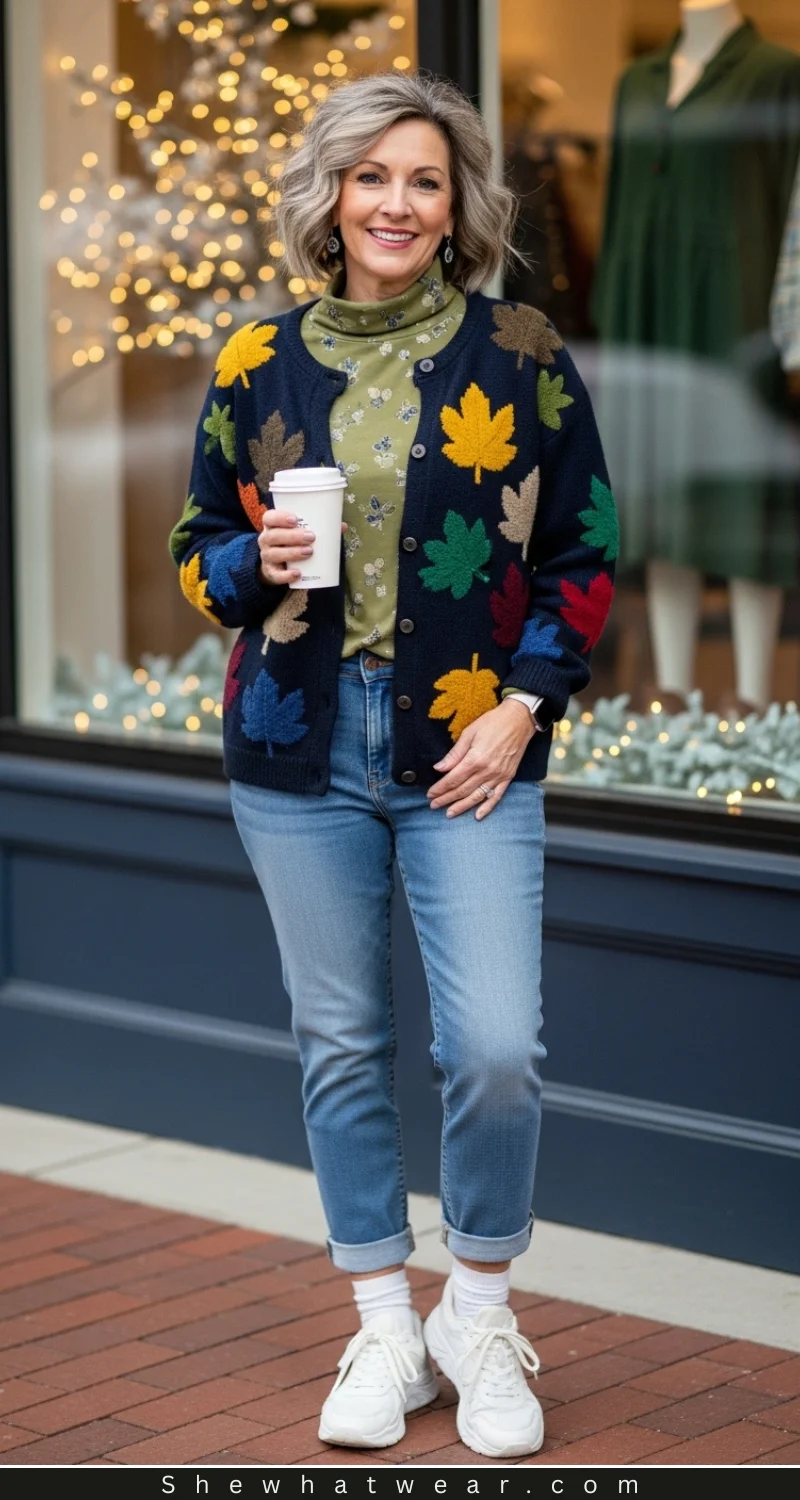Woman wearing a navy maple-leaf knit cardigan with an olive turtleneck and jeans