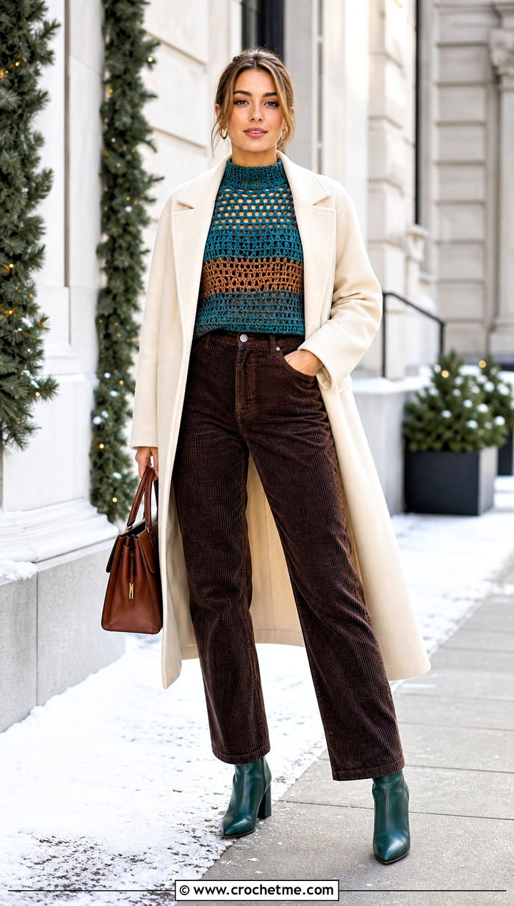 Woman in an ivory maxi coat over a teal-and-brown crochet mock-neck top with dark brown corduroy pants, teal ankle boots, and a brown handbag in the snow
