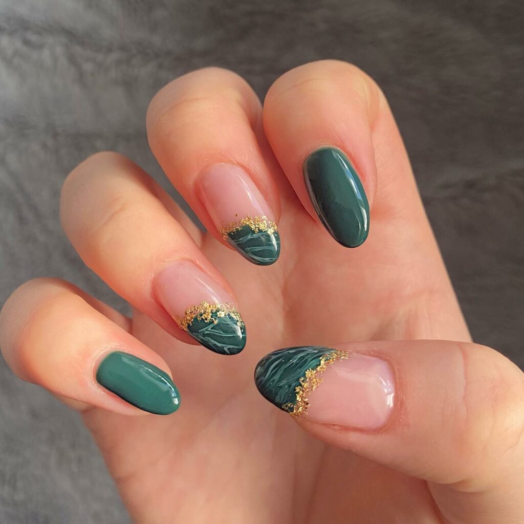 Emerald green nails with gold French tips