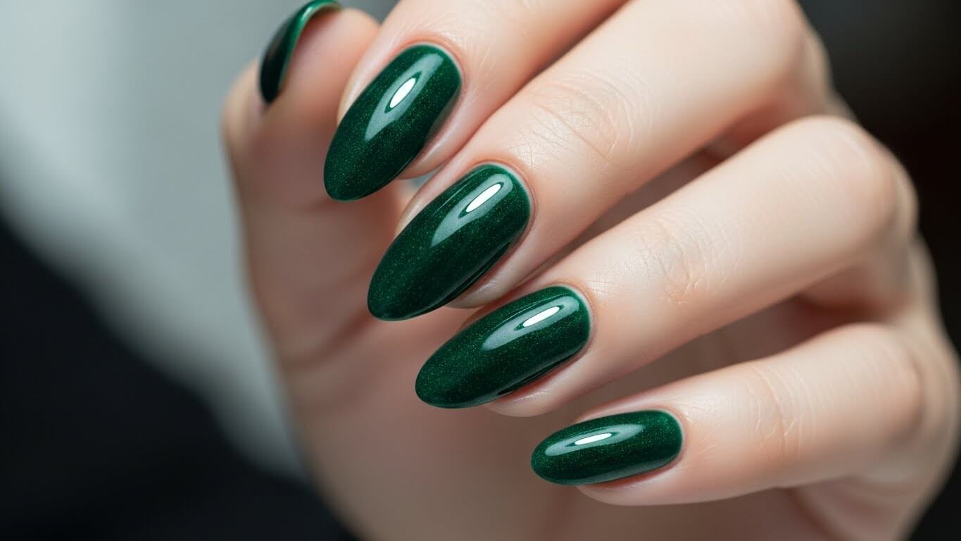 Almond nails in deep emerald green with fine velvet shimmer