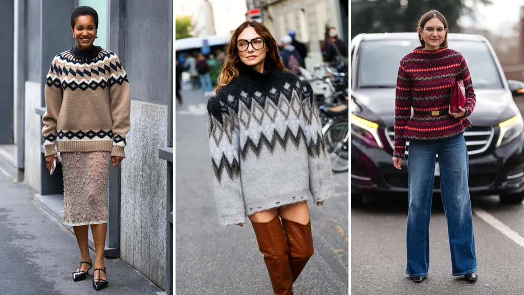 Woman wearing a fair-isle knit sweater with dark jeans
