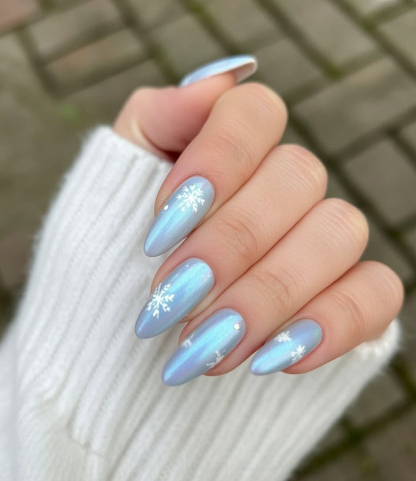 Almond nails in icy blue chrome with white snowflake nail art