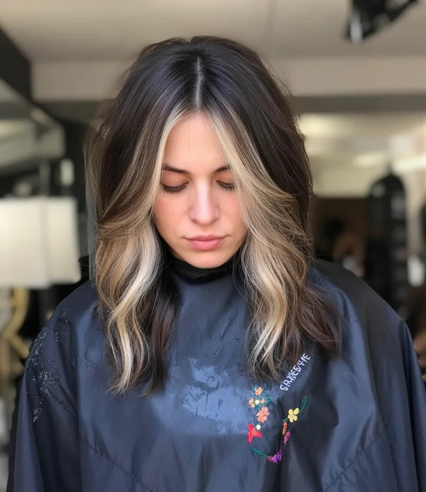Near-black hair with soft espresso brown face-framing money pieces