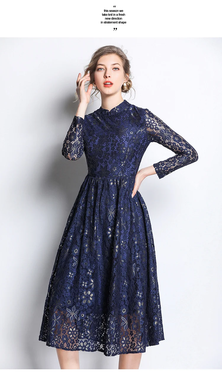 Navy lace midi dress with long sleeves