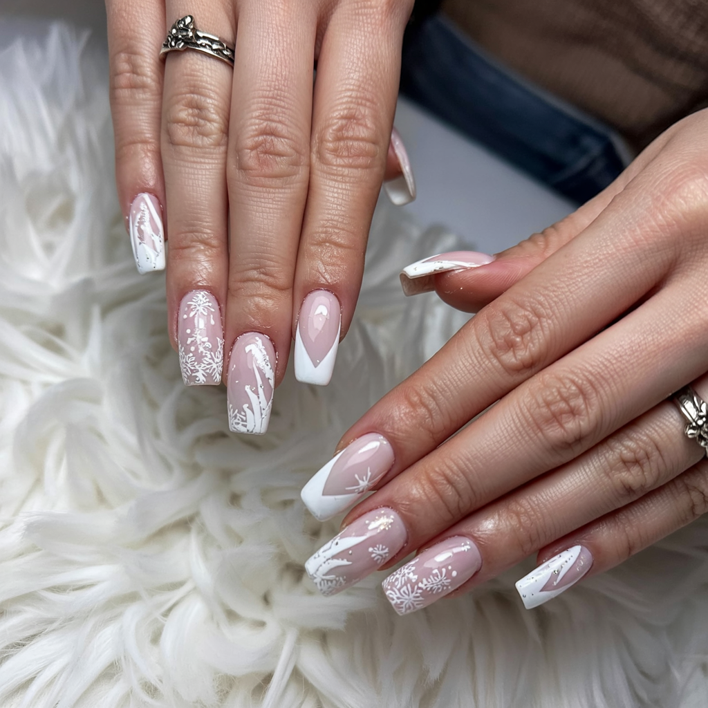 White snowflake nail art over a nude base