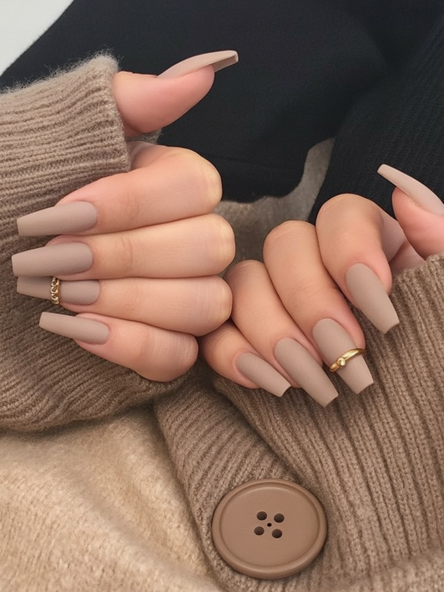 Coffin-shaped nails in glossy taupe nude polish