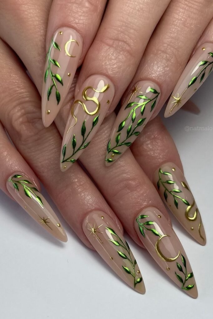 Hunter green nails with gold half-moon accents
