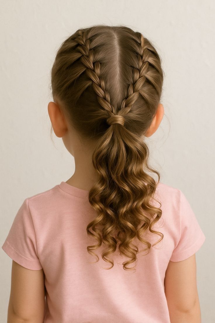 Half-up twisted crown hairstyle on a child with curly hair