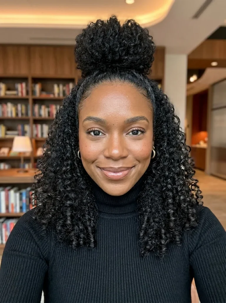 Half-up topknot with long defined curls worn down