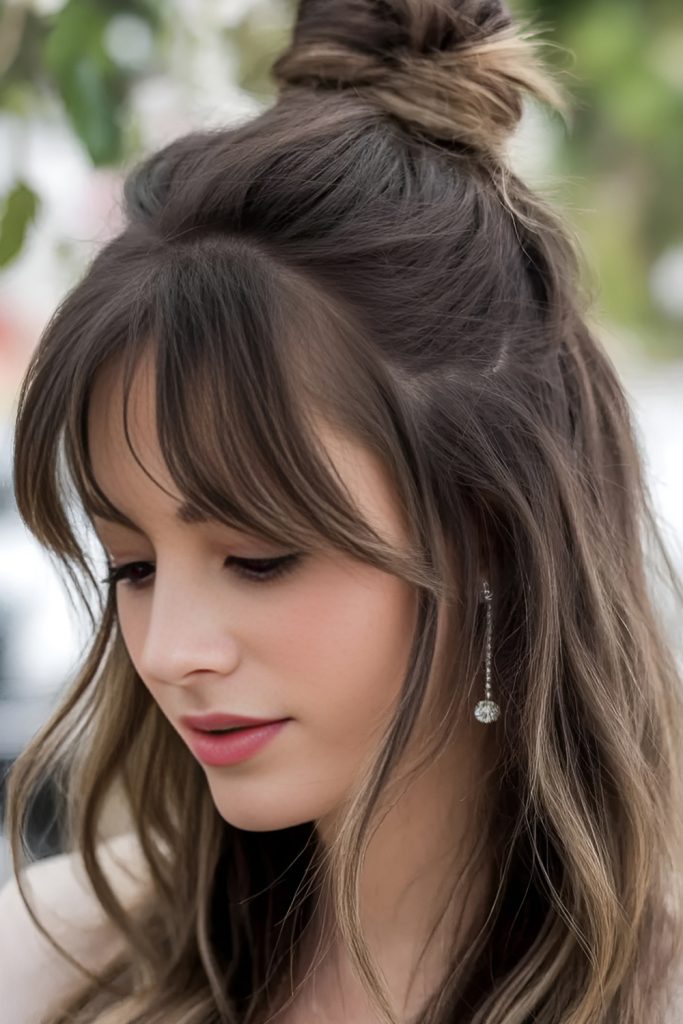 Woman with curtain bangs and a half-up top knot