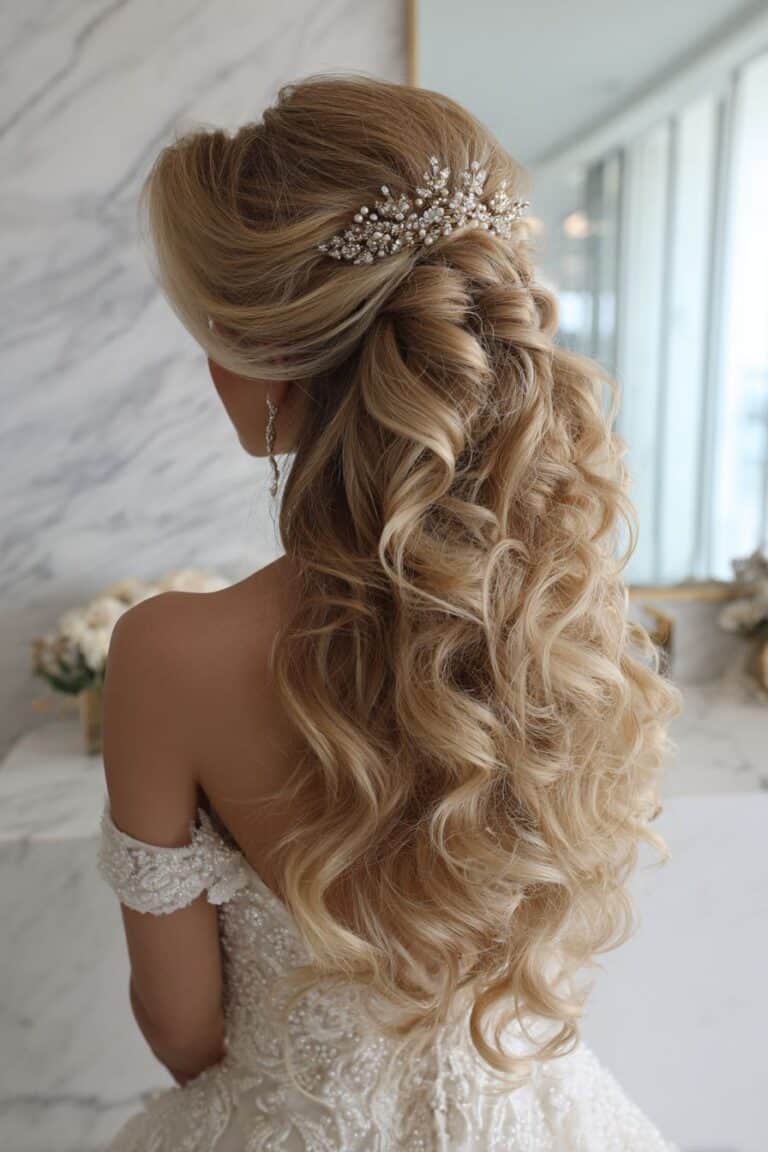 Half-up with teased crown volume and crystal hairpiece
