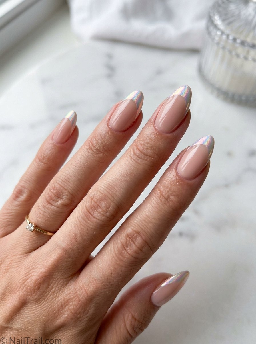 Nude almond nails with iridescent opal chrome french tips