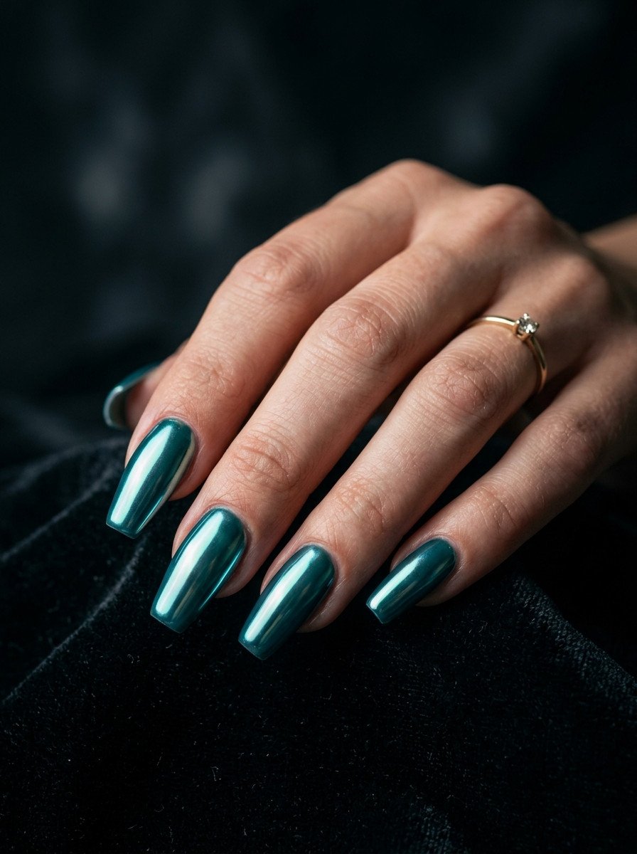 Deep teal glossy nails