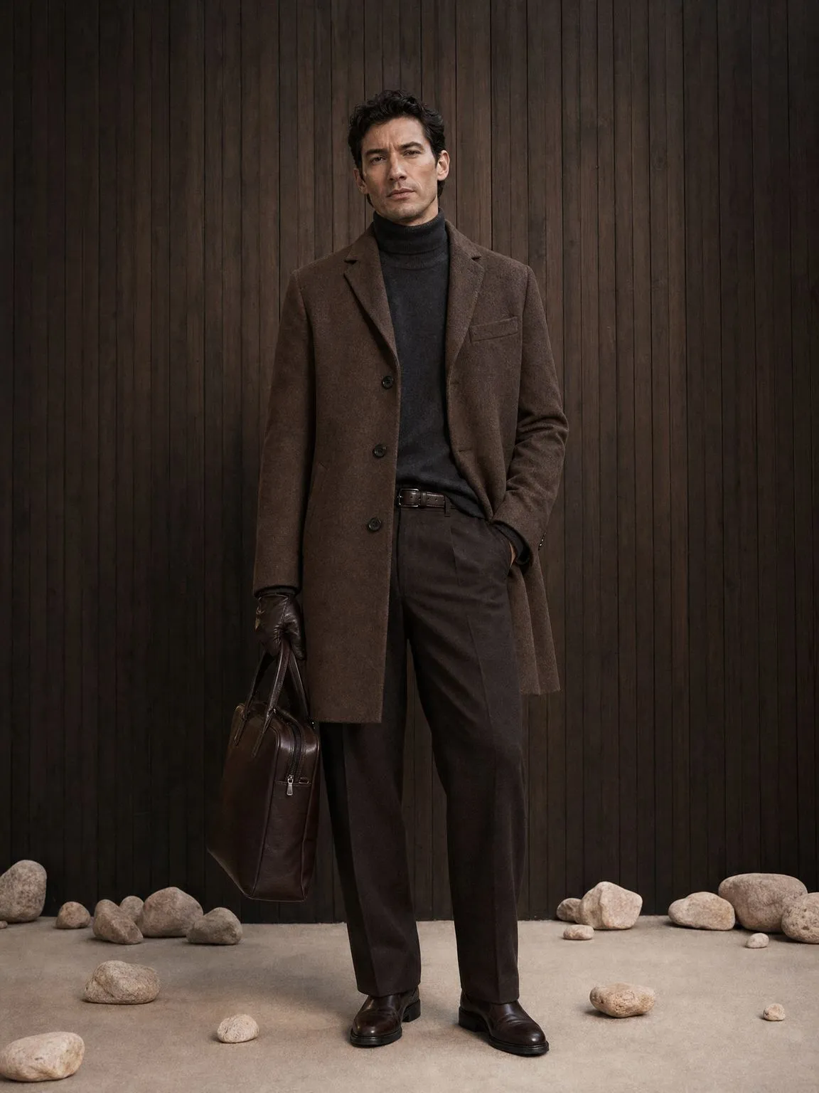 Man wearing a brown single-breasted wool overcoat