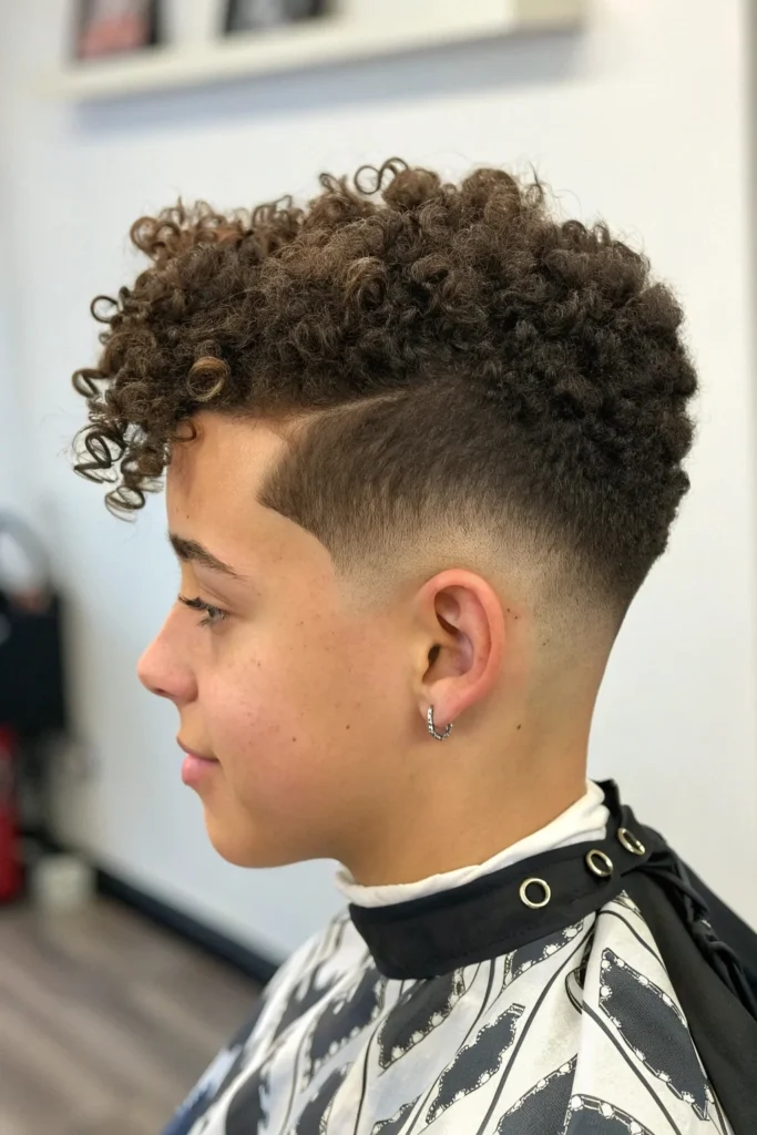High and tight haircut with a curly top on a young boy