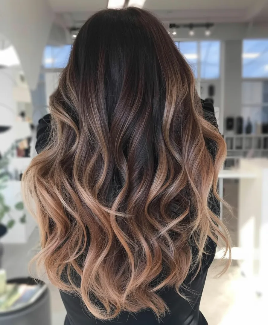 Long dark brown hair with mocha balayage waves