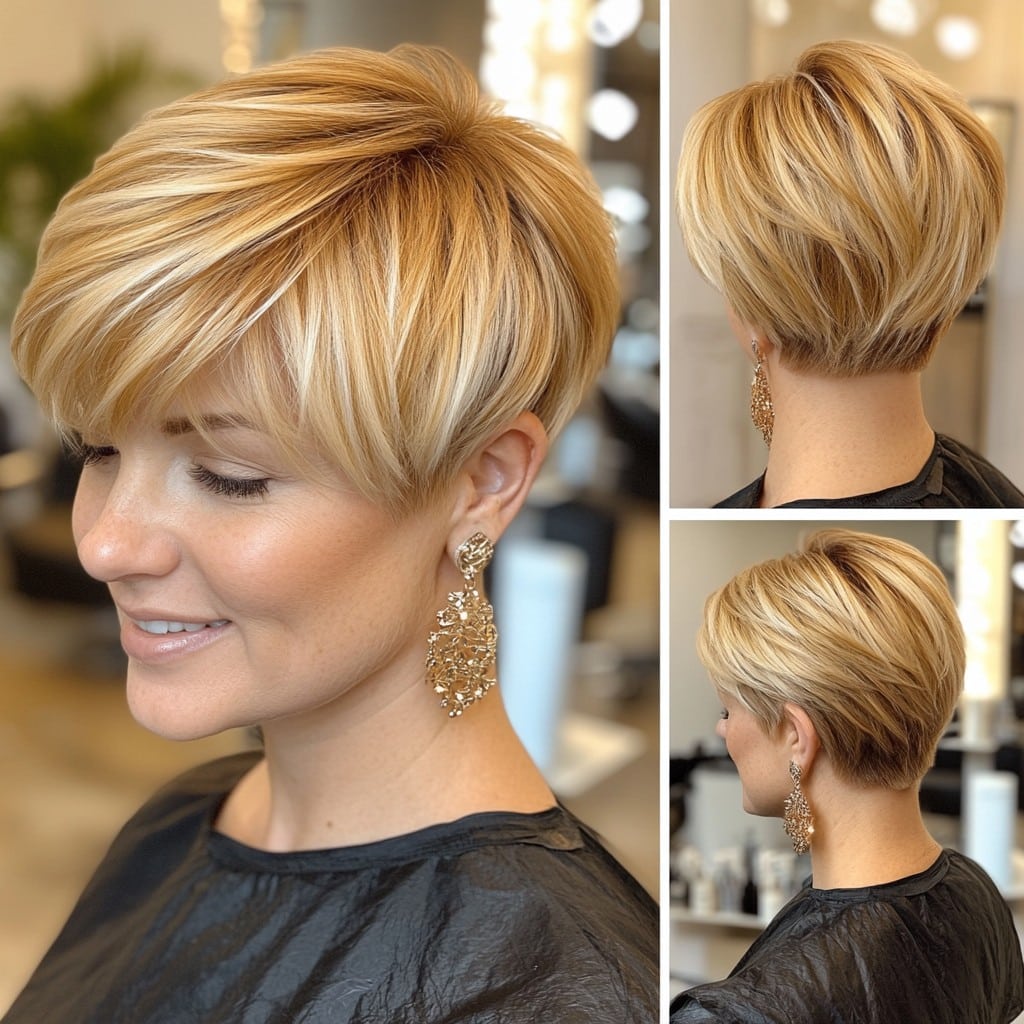 Honey blonde pixie haircut with fringe