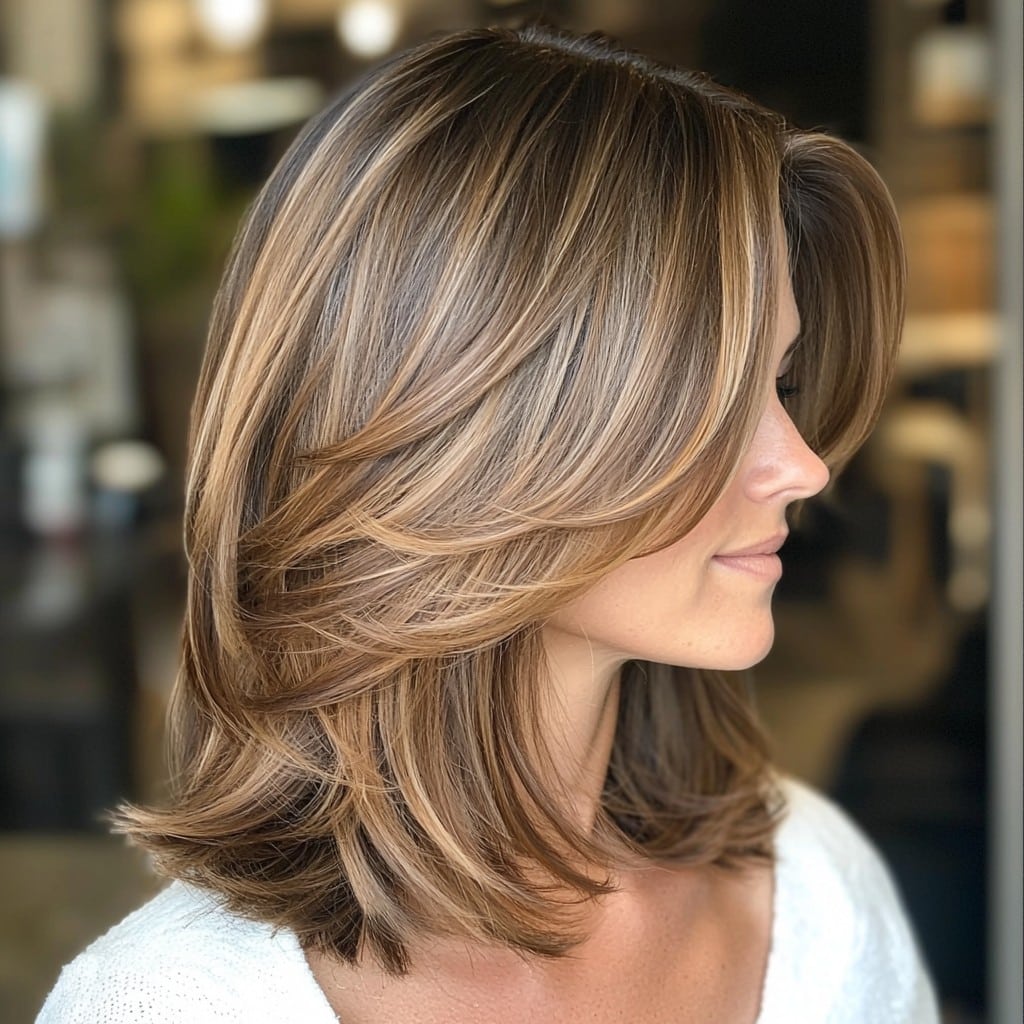 Layered lob with caramel highlights