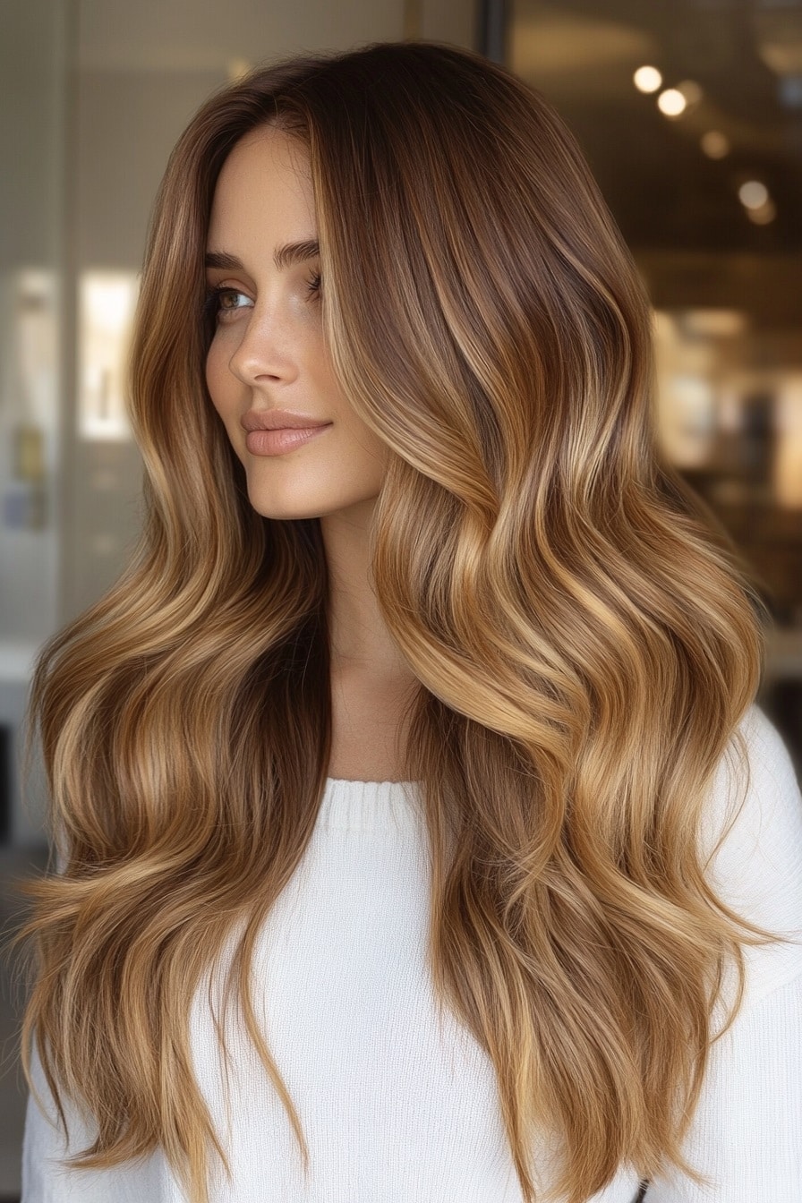 Honey caramel ombre waves on long hair
