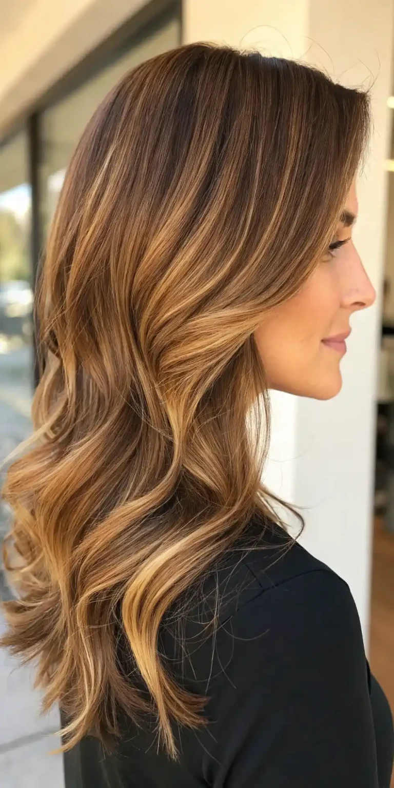 Honey brown hair with beige-blonde lowlight dimension