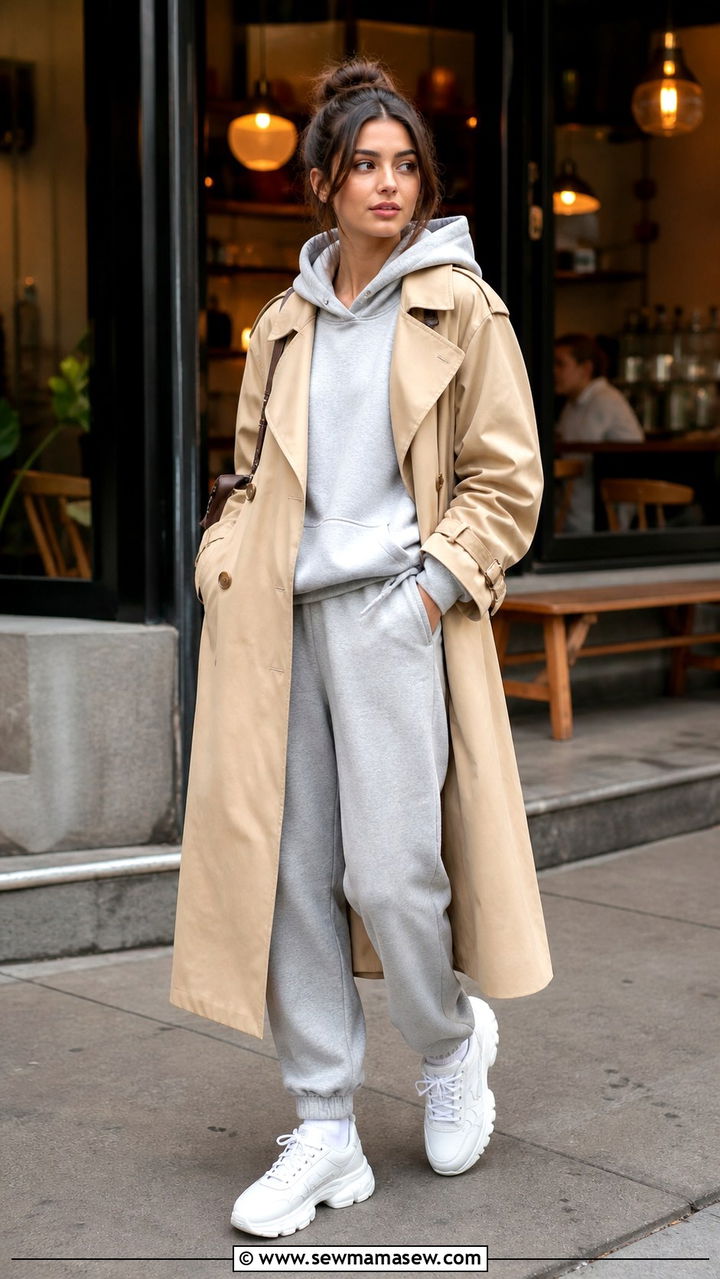 Woman in a hoodie layered under a trench coat with joggers and sneakers