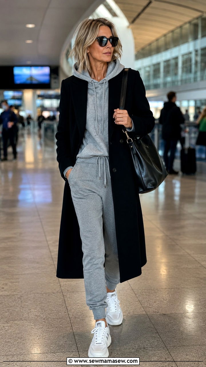 Woman wearing a black tailored wool coat over a grey hoodie and joggers with white sneakers at the airport