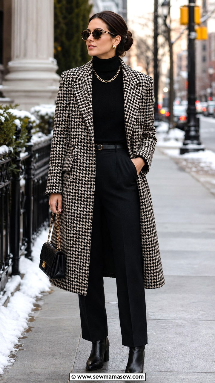 Woman in a houndstooth wool coat, black turtleneck, gold chain necklace, black trousers and ankle boots on a snowy city street