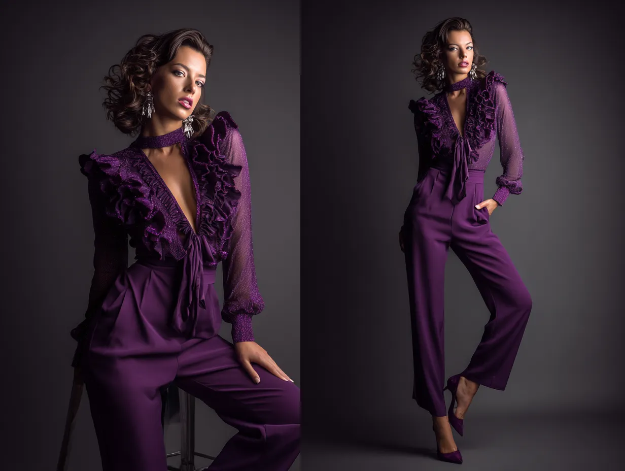 Model in a purple ruffled sheer blouse with matching high-waisted purple trousers