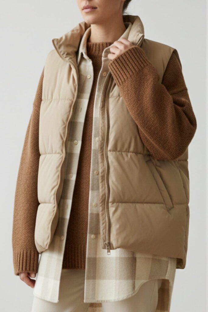 Beige puffer vest layered over a plaid flannel shirt and rust knit sweater