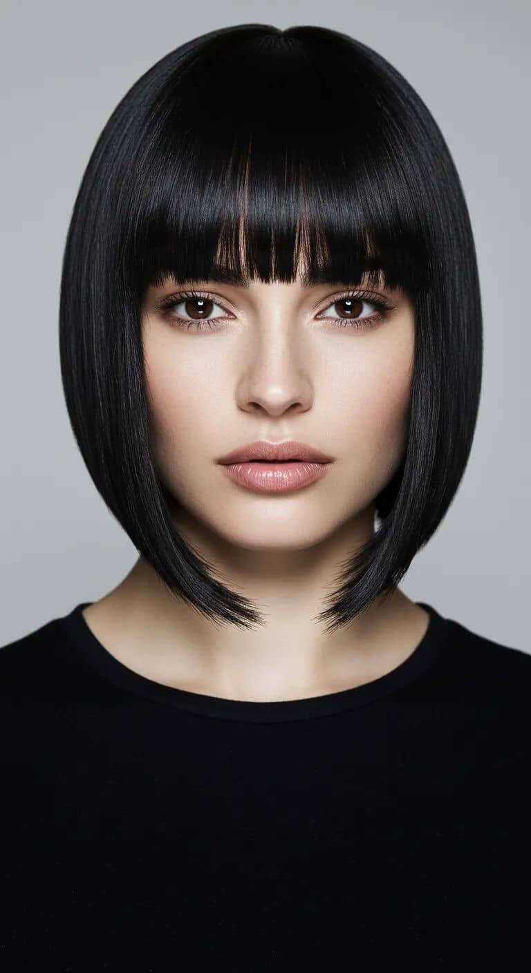 Jet black bob with blunt fringe