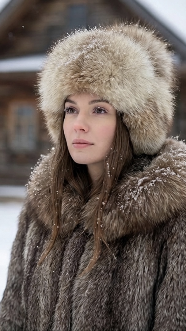 Woman wearing a brown fur hat and matching brown fur coat in the snow