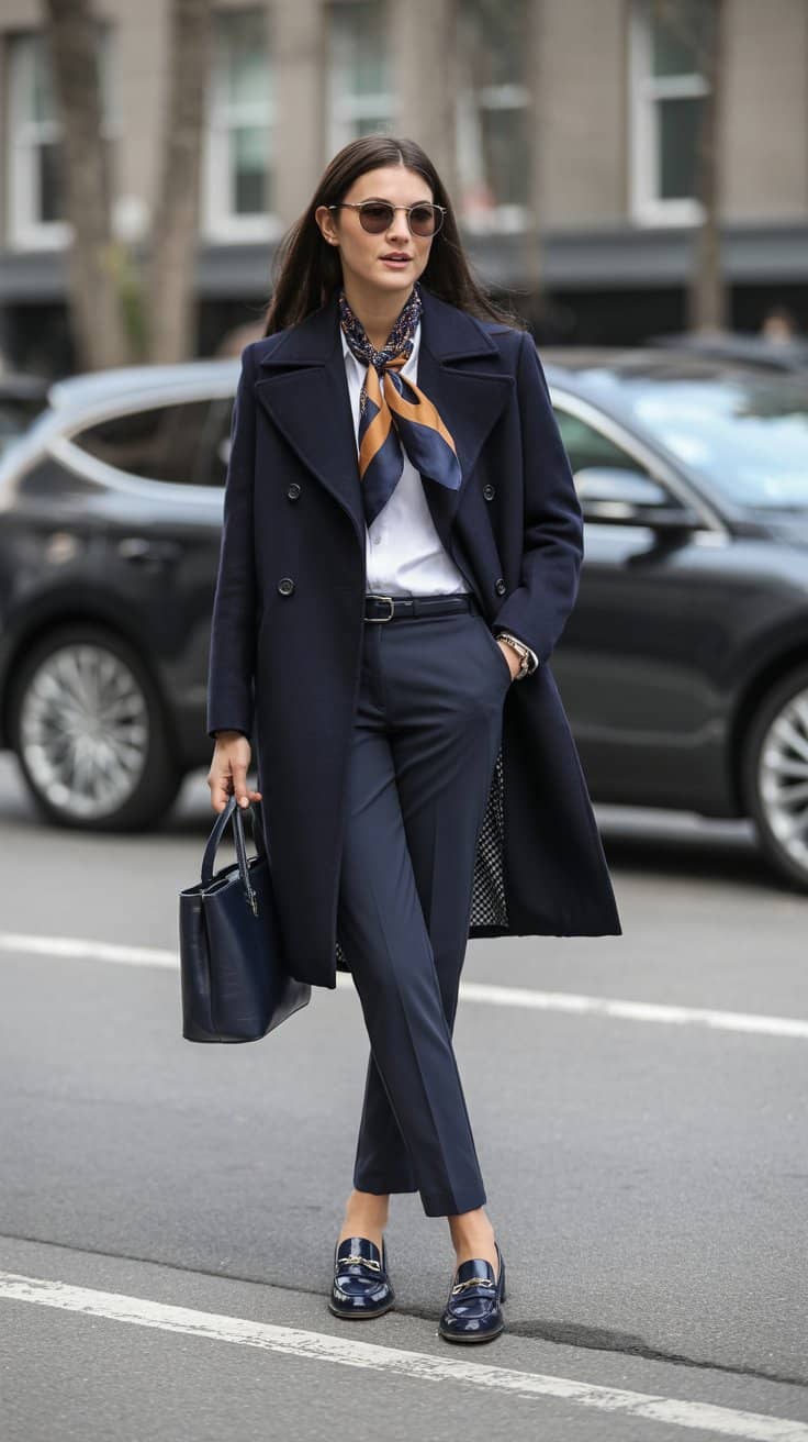 Woman in a navy double-breasted coat with a white button-down shirt, navy tailored trousers, and navy loafers