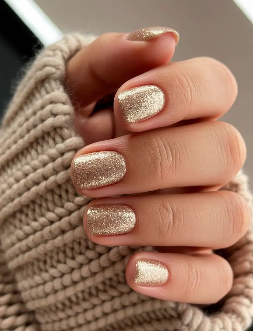 Short round nails covered in fine champagne gold glitter