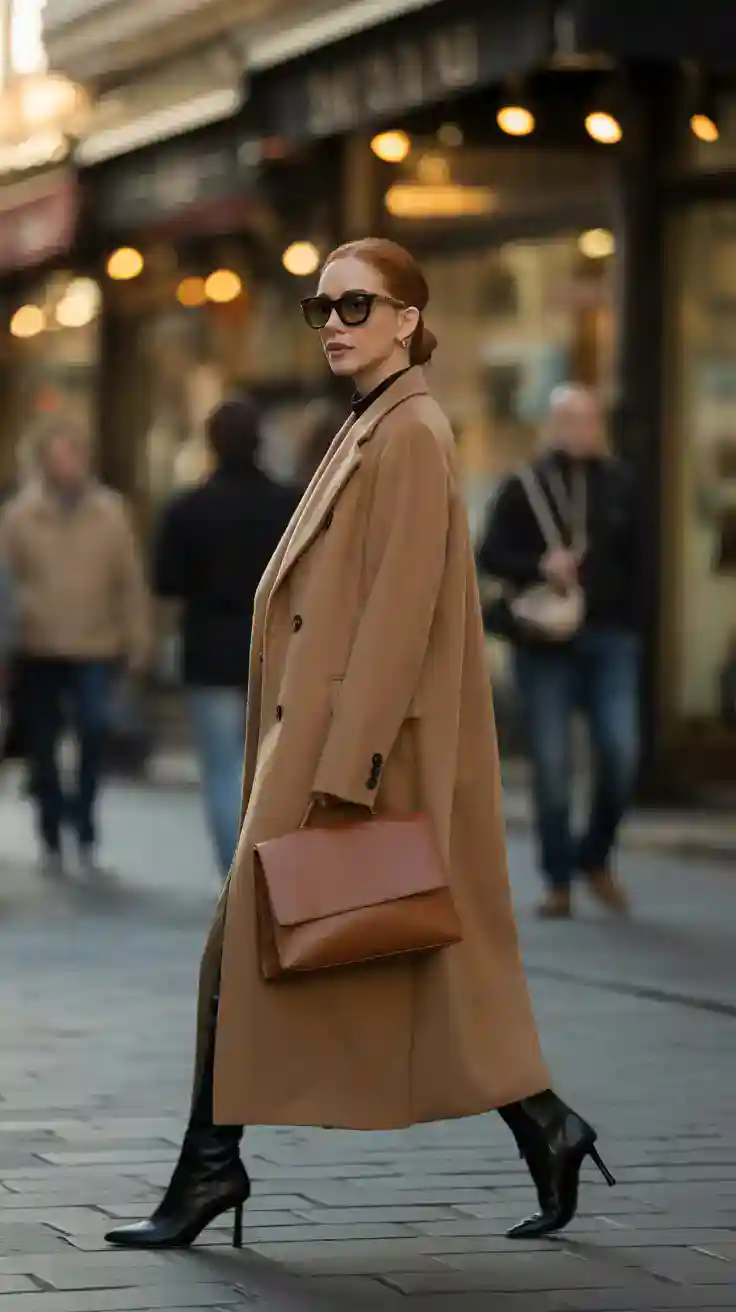 Woman in a long double-breasted camel wool coat with black turtleneck, black heeled ankle boots and a tan leather bag