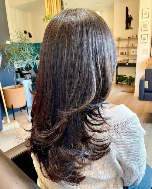Glossy blown-out dark brunette hair with bouncy face-framing layers, salon finish