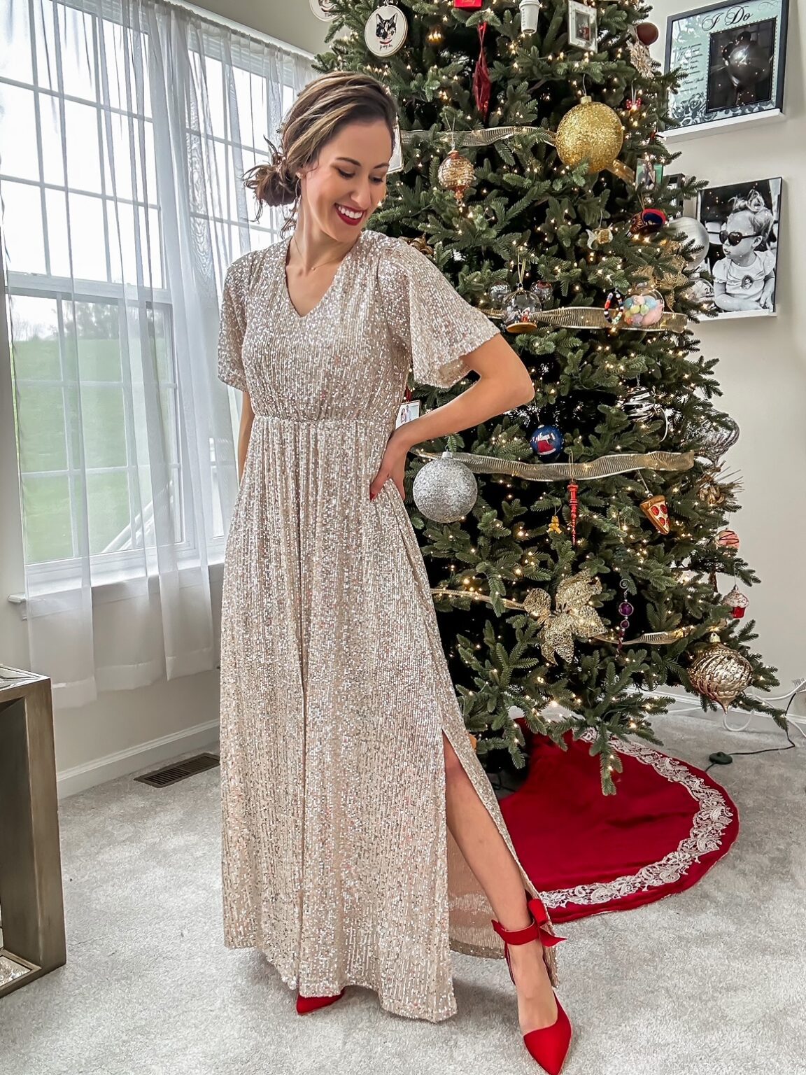 Woman wearing a champagne gold dress for New Year's Eve